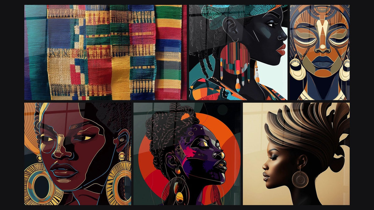 Mosaic of six paintings, including Colorful Textile, African Queen of Silence and African Woman Wall Art Amber Gaze
