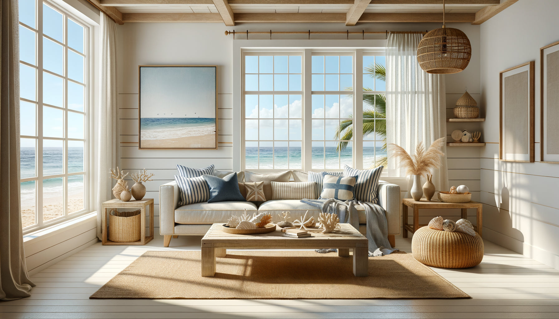 Intérieur lumineux d'Airbnb en bord de mer avec décoration coastal chic, palette blanc et bleu, matériaux naturels