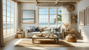 Intérieur lumineux d'Airbnb en bord de mer avec décoration coastal chic, palette blanc et bleu, matériaux naturels