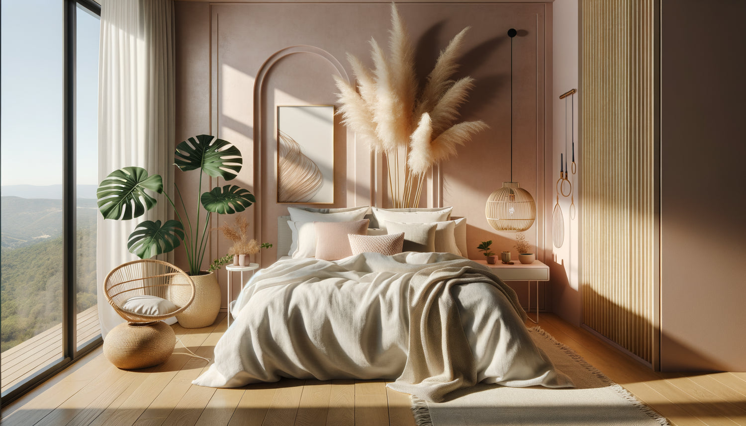 Intérieur Airbnb style Instagram avec mur rose, plantes tropicales et lumière naturelle optimale, décoration photographiable tendance 2020s