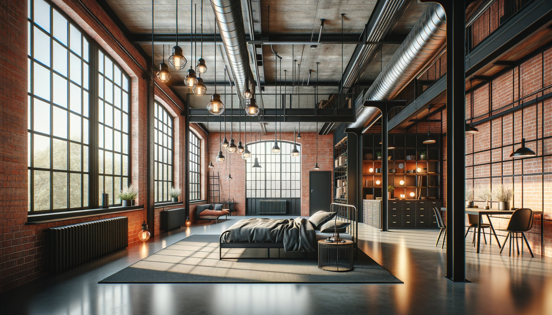 Intérieur loft industriel moderne avec briques apparentes, poutres métalliques et mobilier design pour Airbnb urbain