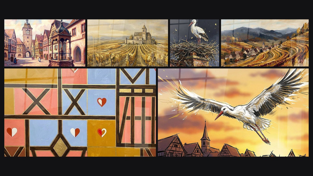Mosaïque de six tableaux, dont Village Alsacien Traditionnel, Vignoble Alsacien et Art Géométrique
