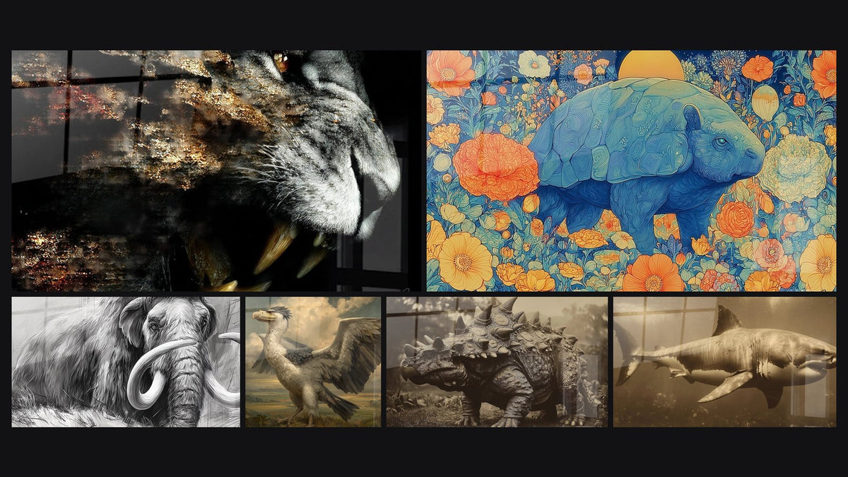 Mosaïque de six tableaux, dont Tigre à dents de sabre rugissant, Mammouth laineux et Glyptodon