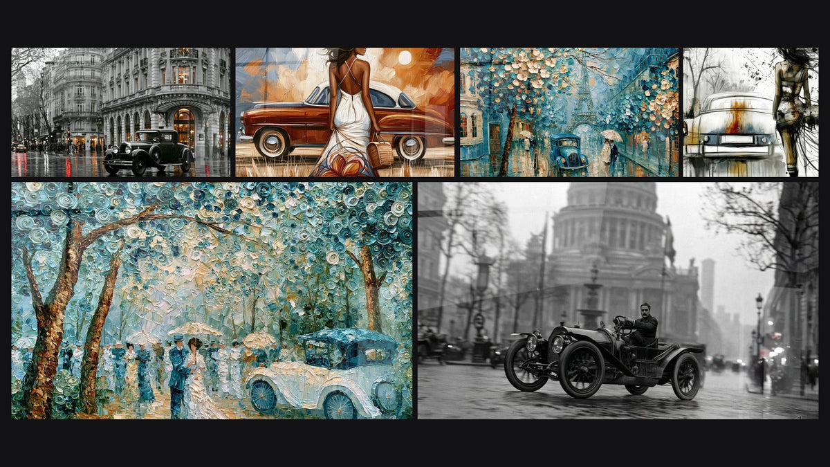 Mosaïque de six tableaux, dont Femme robe blanche voiture ancienne