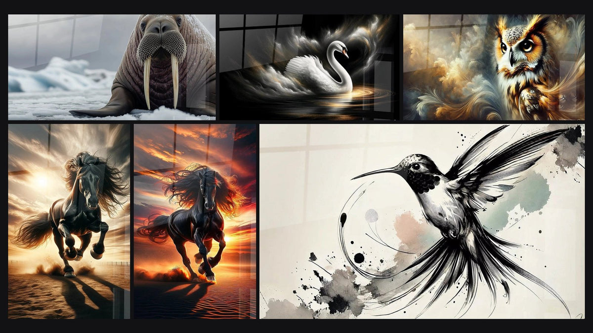 Mosaico de seis cuadros, entre ellos Reflexión Celeste Acuática, Talón del Alba Escarlata y Yegua del Valle en Llamas