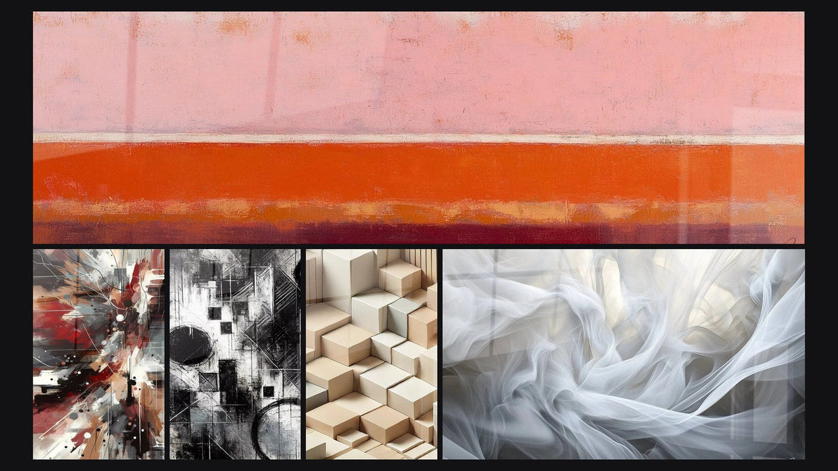 Mosaïque de cinq tableaux, dont Bruit Dynamique Explosive, Fragments d’Absolu et Minimalisme Sculpté