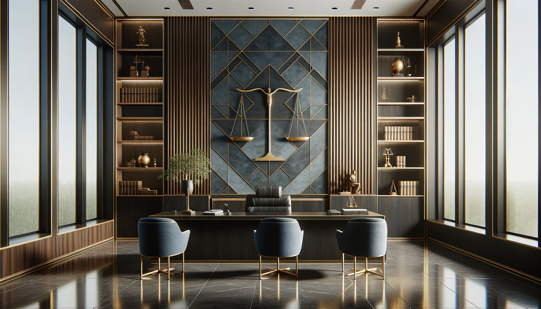 Intérieur raffiné de cabinet d'avocat avec œuvre abstraite géométrique évoquant justice et sérénité professionnelle