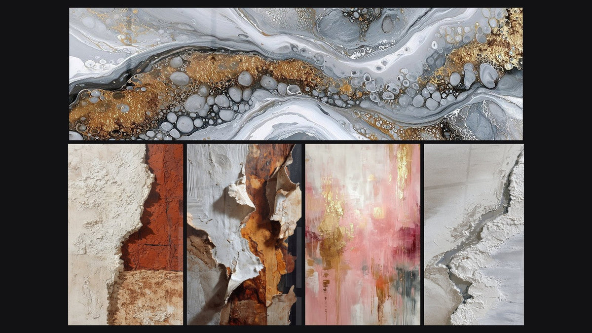 Mosaïque de cinq tableaux, dont Abstrait Fluide Gris et Or