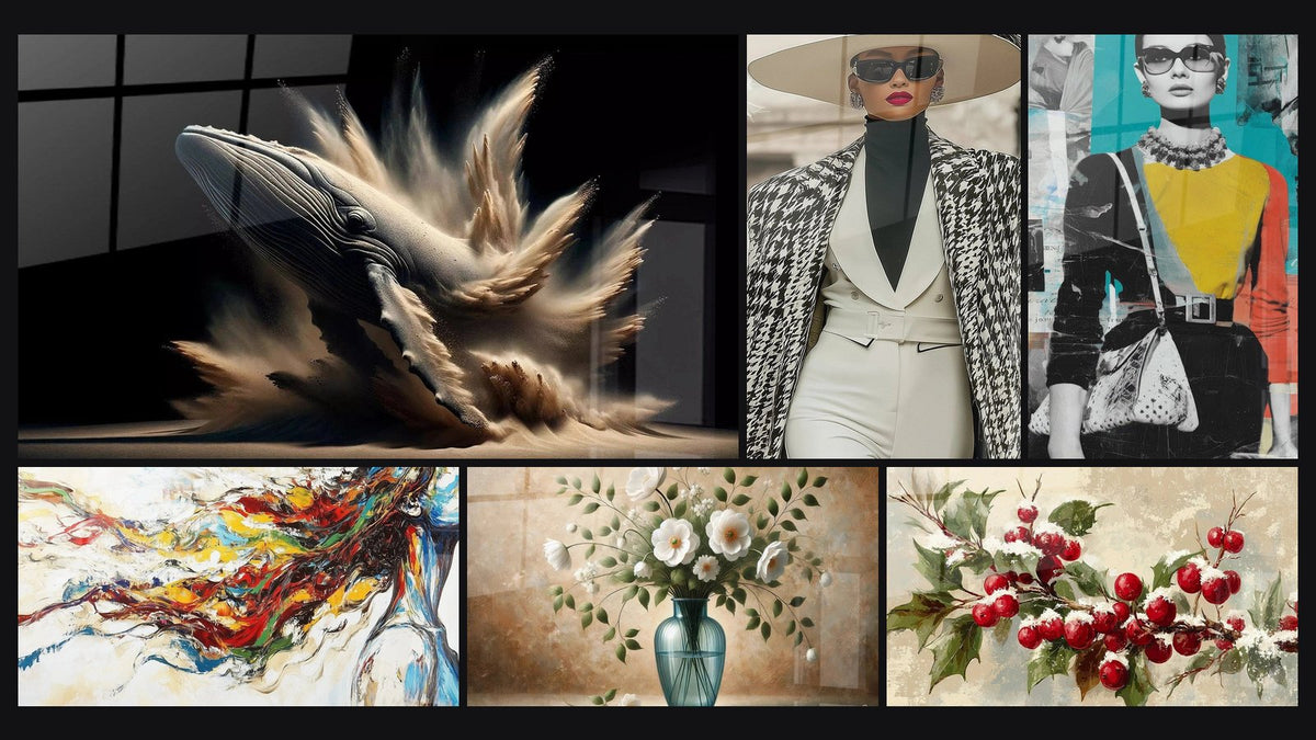 Mosaic of six paintings, including Elise's Whale, Modern Muse and Tenderness Bouquet