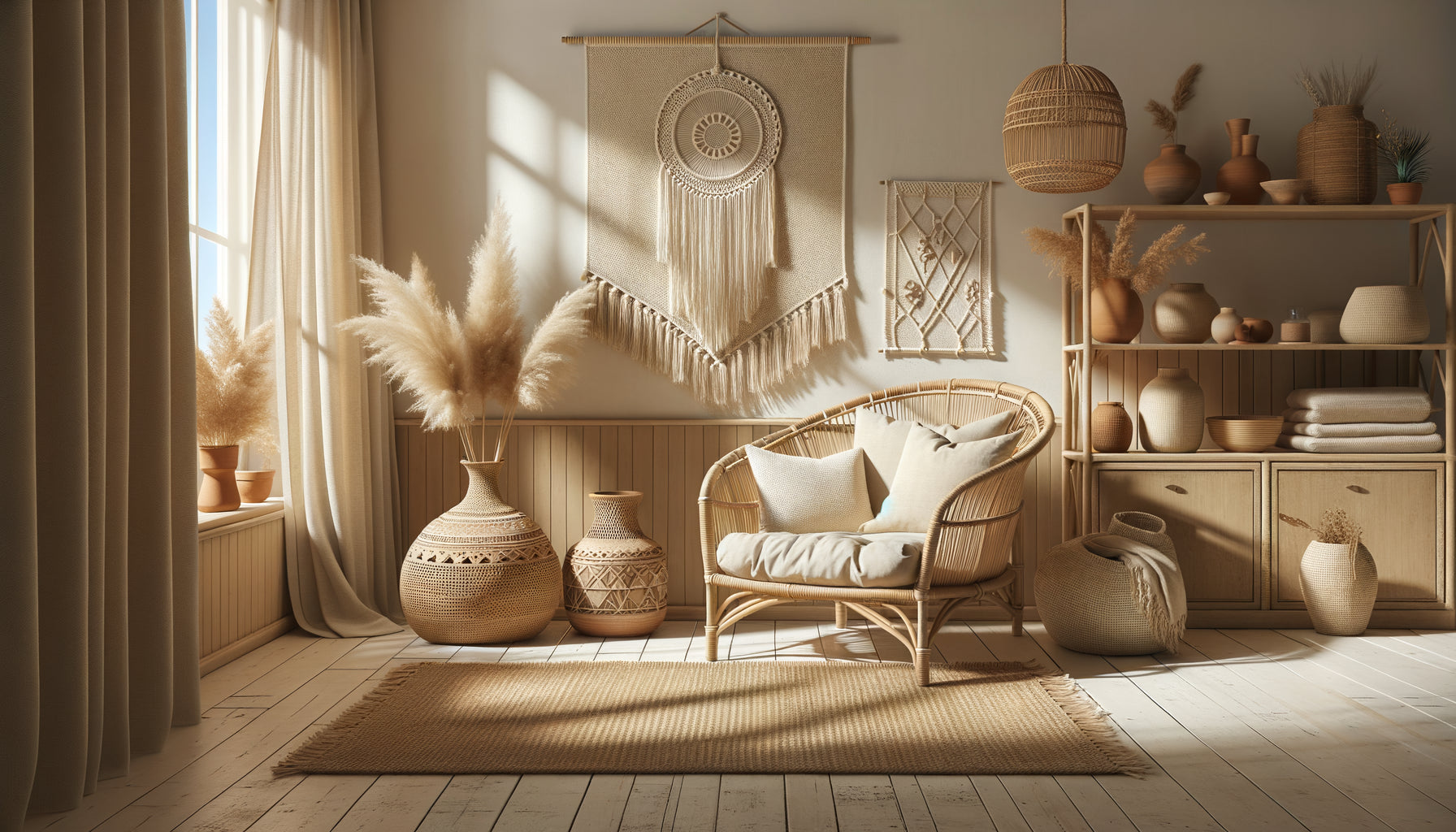 Intérieur de location de vacances au style bohème chic avec matières naturelles, rotin et tons neutres apaisants