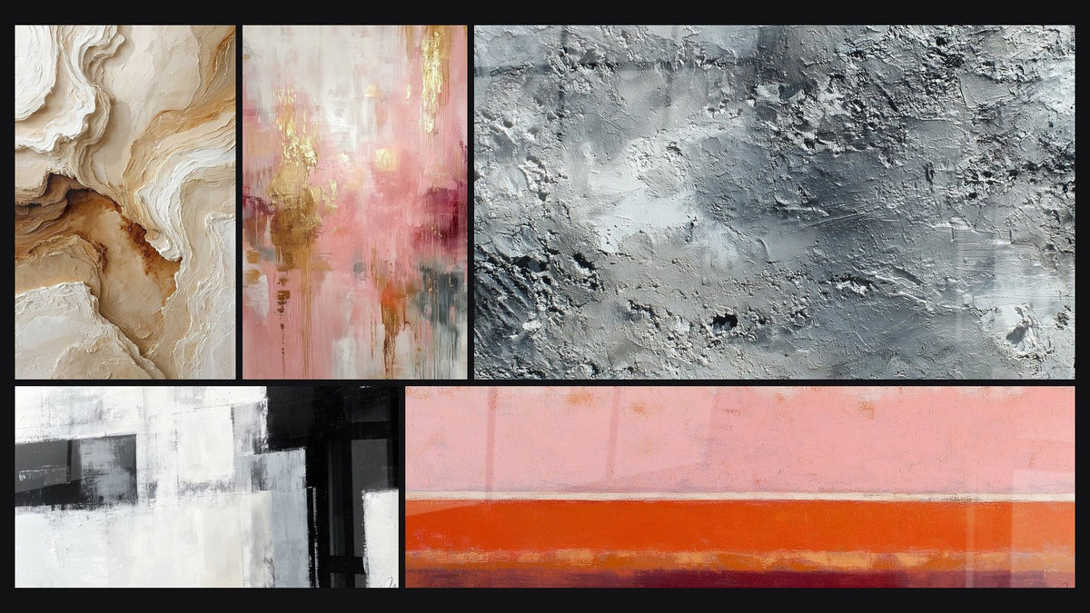 Mosaico de cinco cuadros, entre ellos Abstracto Texturizado Beige y Ocre y Abstracto gris plateado texturizado