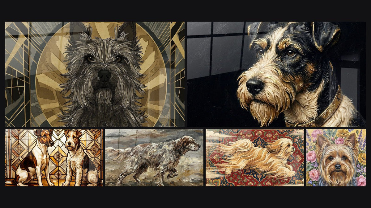 Mosaïque de six tableaux, dont Chien au Regard Expressif et Collier Doré