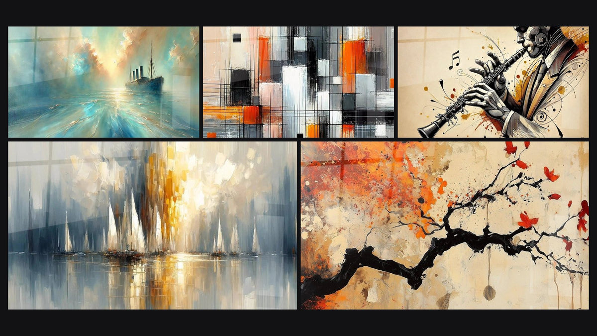 Mosaico di cinque quadri, tra cui Nel Cuore della Brezza, Meccanica dei Colori e Alba sulla Baia