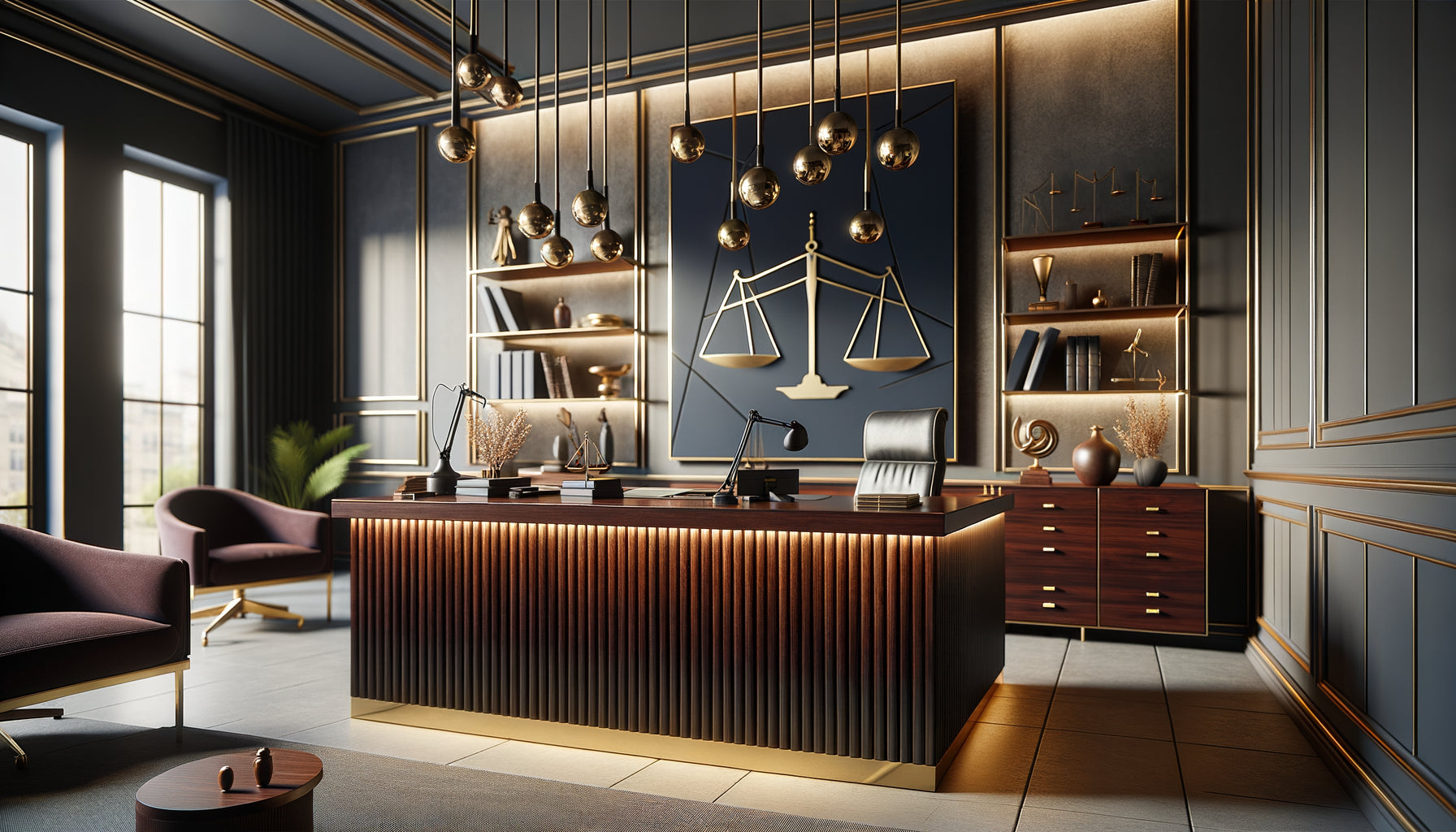 Décoration juridique contemporaine sophistiquée avec œuvre abstraite évoquant subtilement l'équilibre et la justice sans symboles littéraux