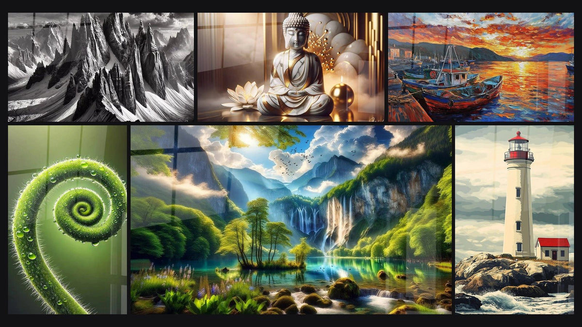 Mosaïque de six tableaux, dont À l’Ombre des Géants, Spirale de Vie et Paix Marbrée