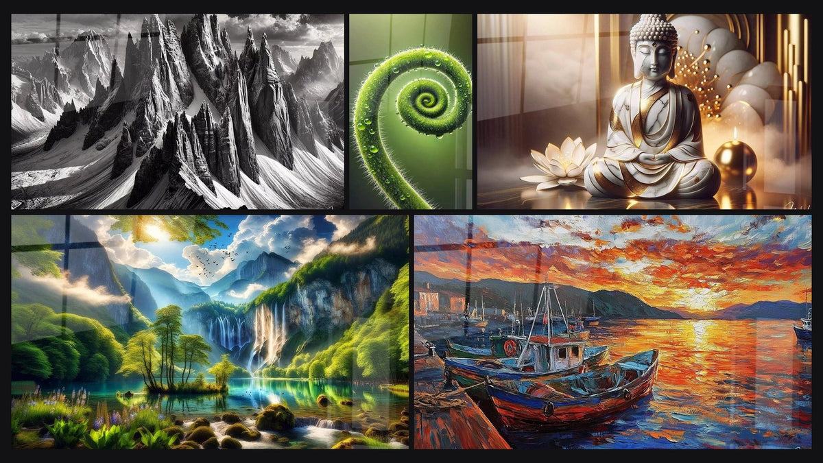 Mosaik aus fünf Gemälden, darunter Im Schatten der Riesen, Spirale des Lebens und Marmor-Frieden