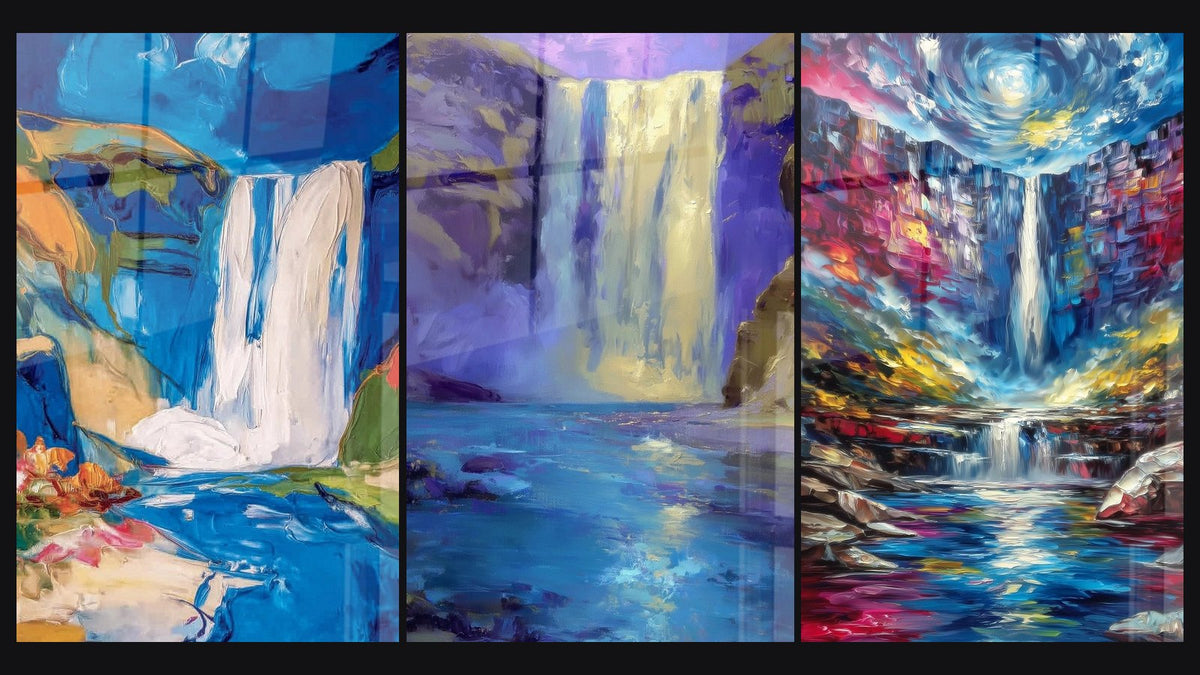 Mosaik aus drei Gemälden, darunter Surrealistische Wasserfall-Malerei