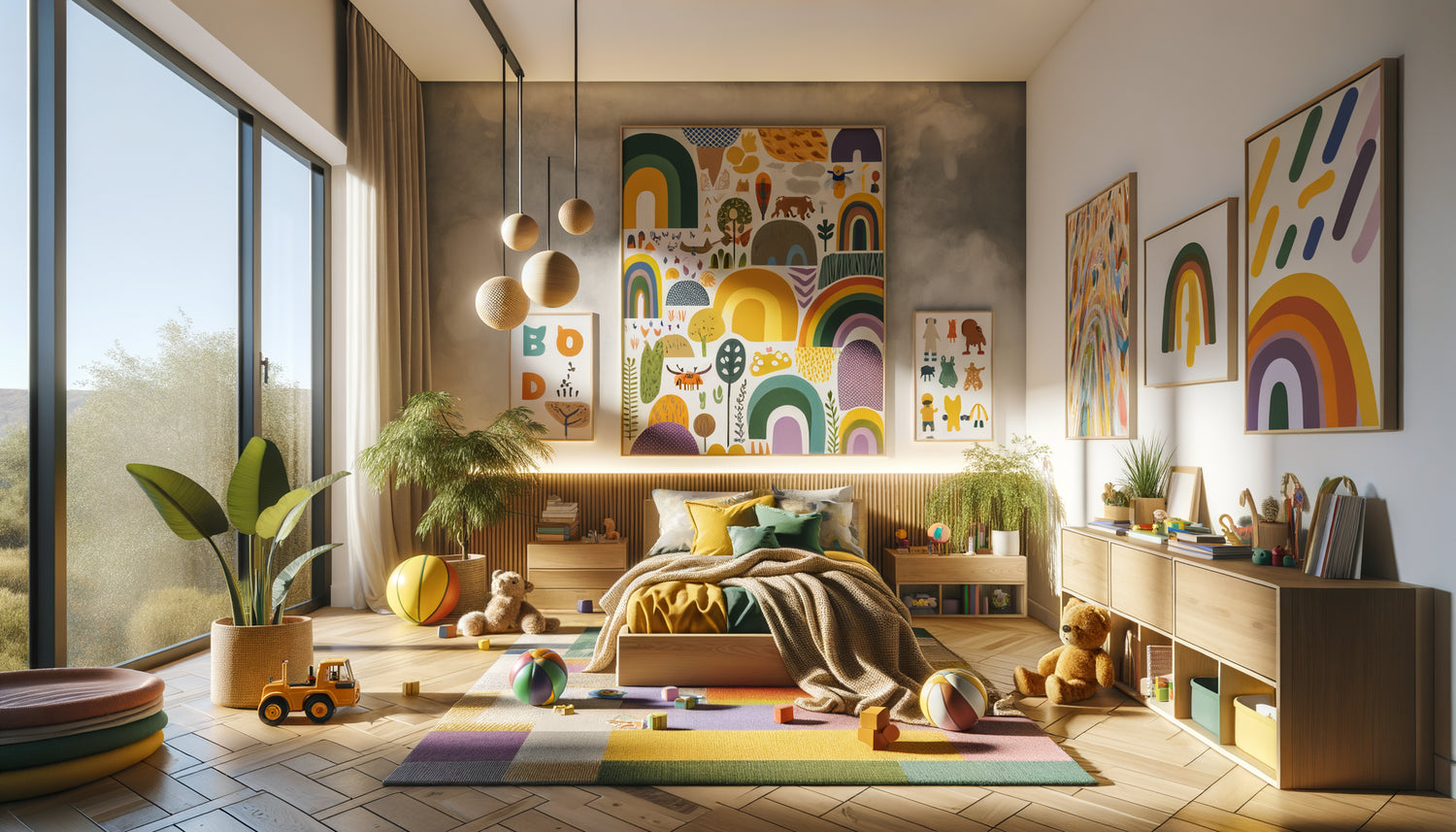 Chambre d'enfant moderne décorée avec tableaux aux couleurs non-genrées variées, mobilier neutre et ambiance inclusive