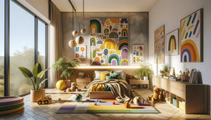 Chambre d'enfant moderne décorée avec tableaux aux couleurs non-genrées variées, mobilier neutre et ambiance inclusive