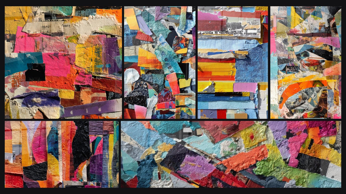 Mosaïque de six tableaux, dont Collage abstrait multicolore, Abstrait multicolore et Abstrait coloré