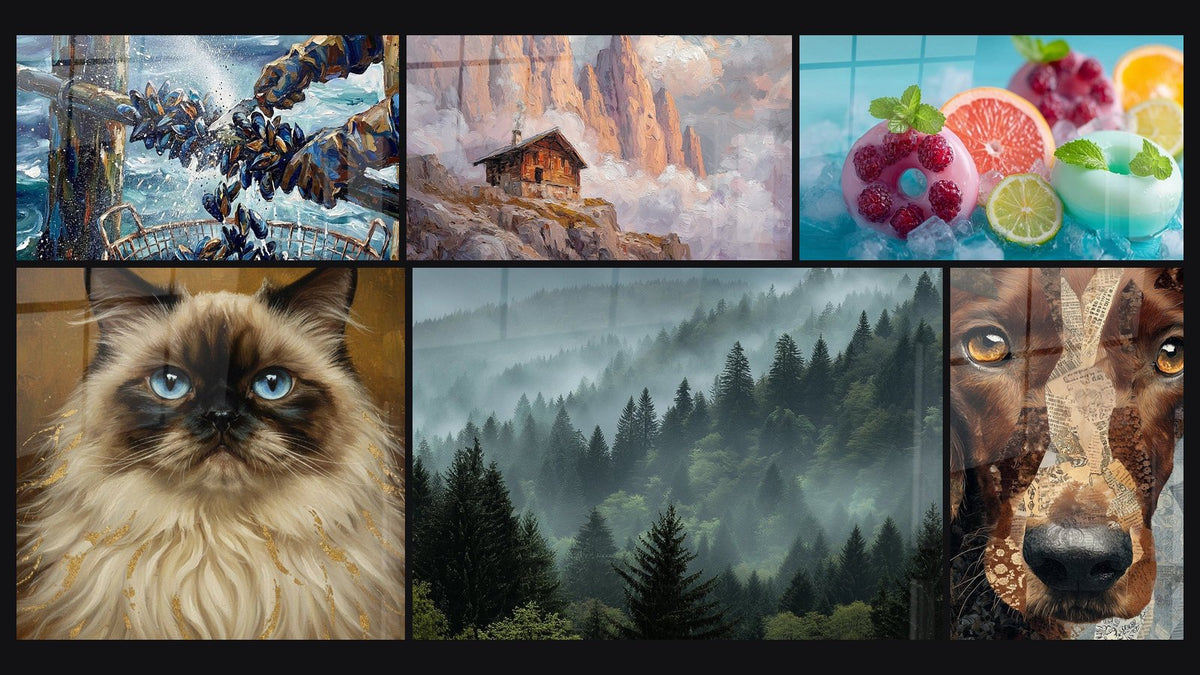 Mosaïque de six tableaux, dont Chalet de Montagne, Chat Himalayen aux Yeux Bleus et Forêt Vosgienne dans la Brume