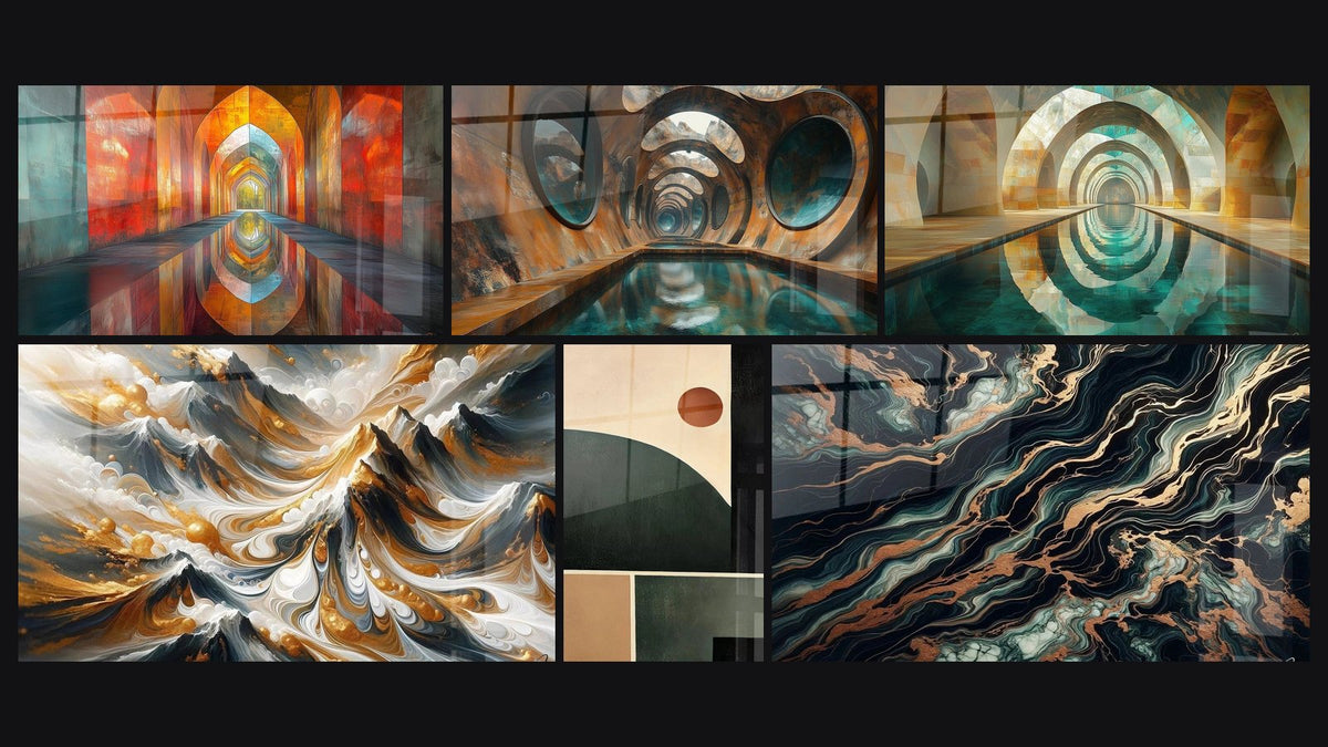 Mosaïque de six tableaux, dont Voûtes Chatoyantes Vermillon, Abîme Lumineux Oxydé et Arche Silencieuse Teal