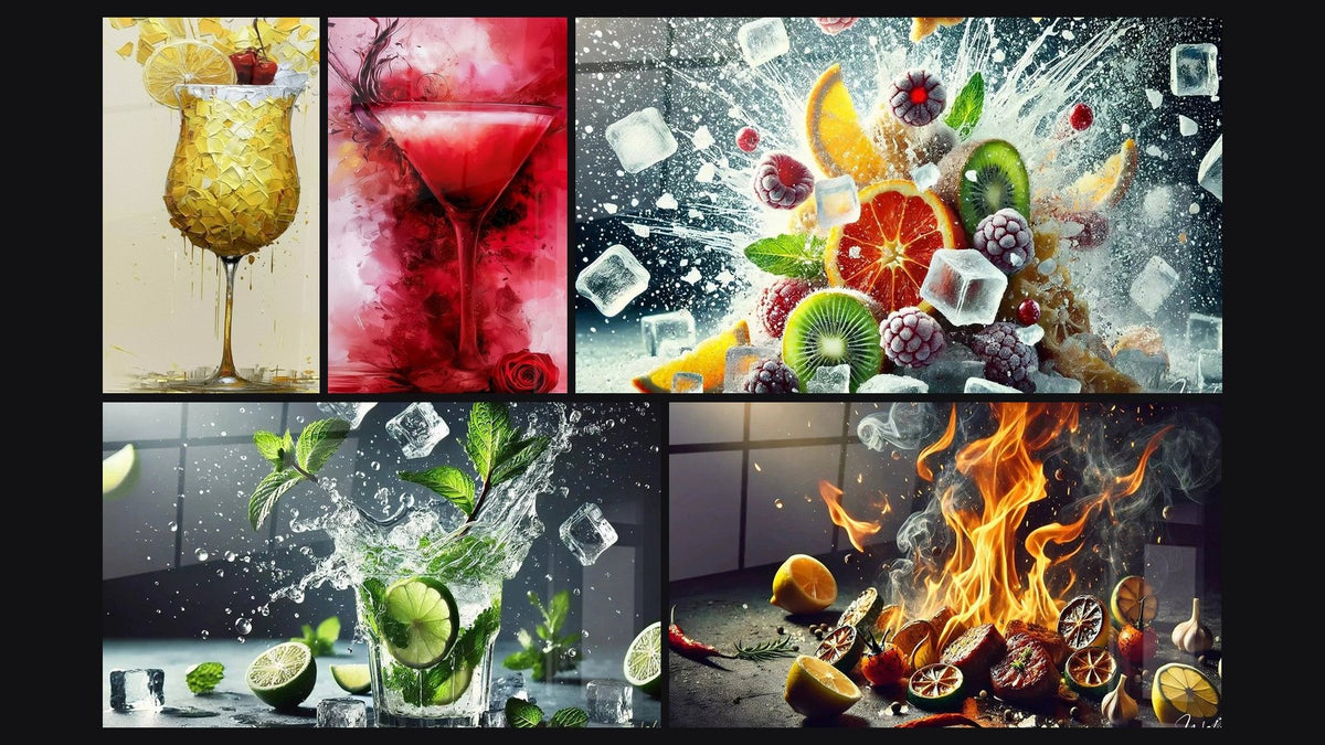 Mosaik aus fünf Gemälden, darunter Aus Glas in Rot und Karminrot und Eiskalter Cocktail