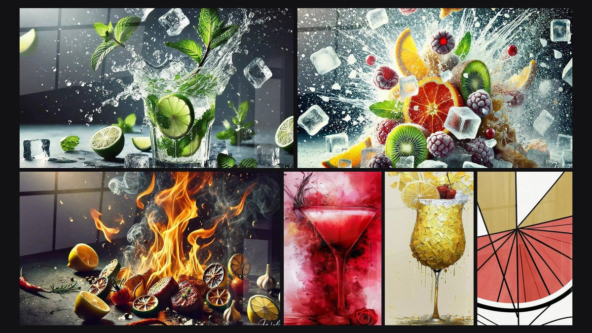 Mosaïque de six tableaux, dont Fraîcheur Dynamique, Cocktail Glacial et Arômes Enflammés