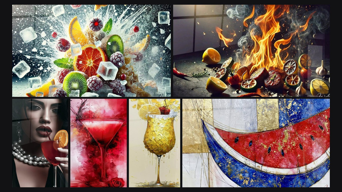 Mosaïque de six tableaux, dont Cocktail Glacial, Arômes Enflammés et Femme noir et blanc au cocktail rouge