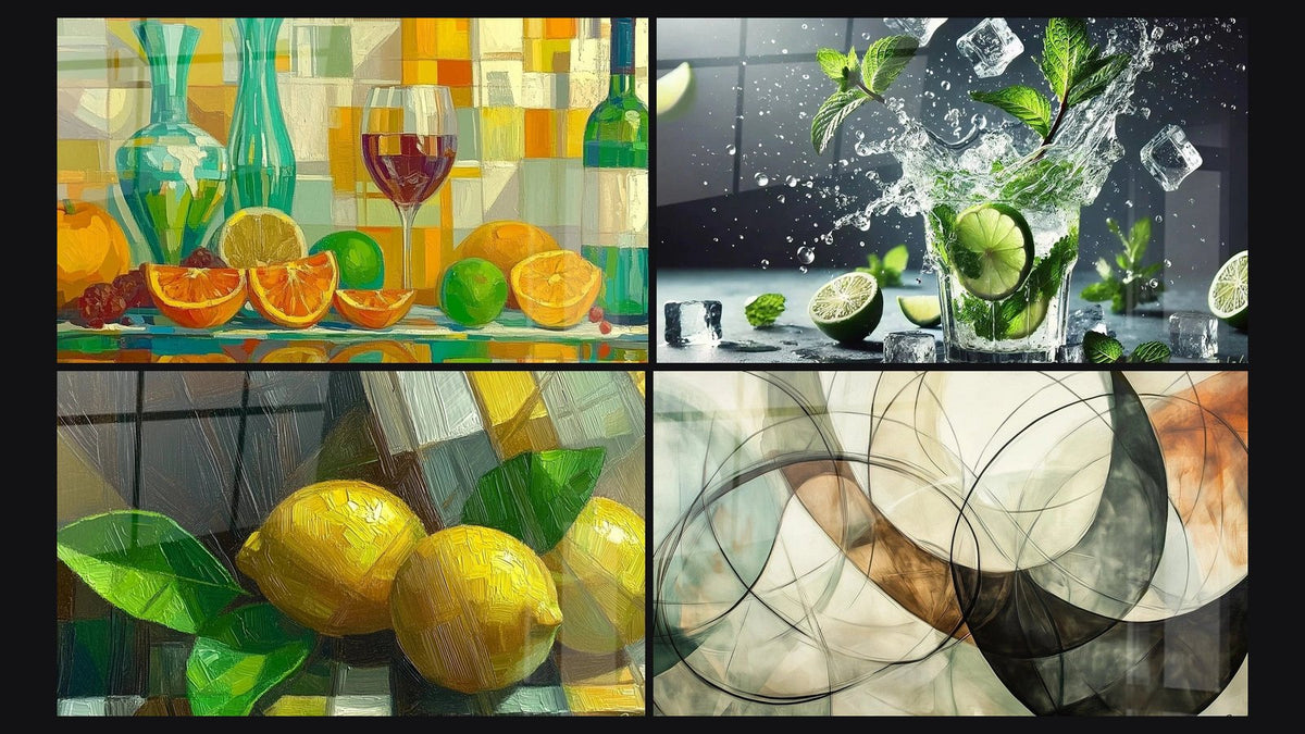Mosaïque de quatre tableaux, dont Festin de Couleurs, Zeste de Lumière et Les Liens Invisibles