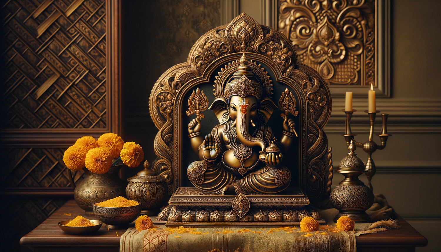 Statue traditionnelle de Ganesh en laiton ornée, décoration hindoue élégante avec offrandes florales et encens