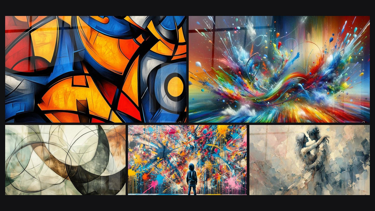 Mosaïque de cinq tableaux, dont Formes géométriques colorées, Les Liens Invisibles et Big Bang Artistique Éclatant