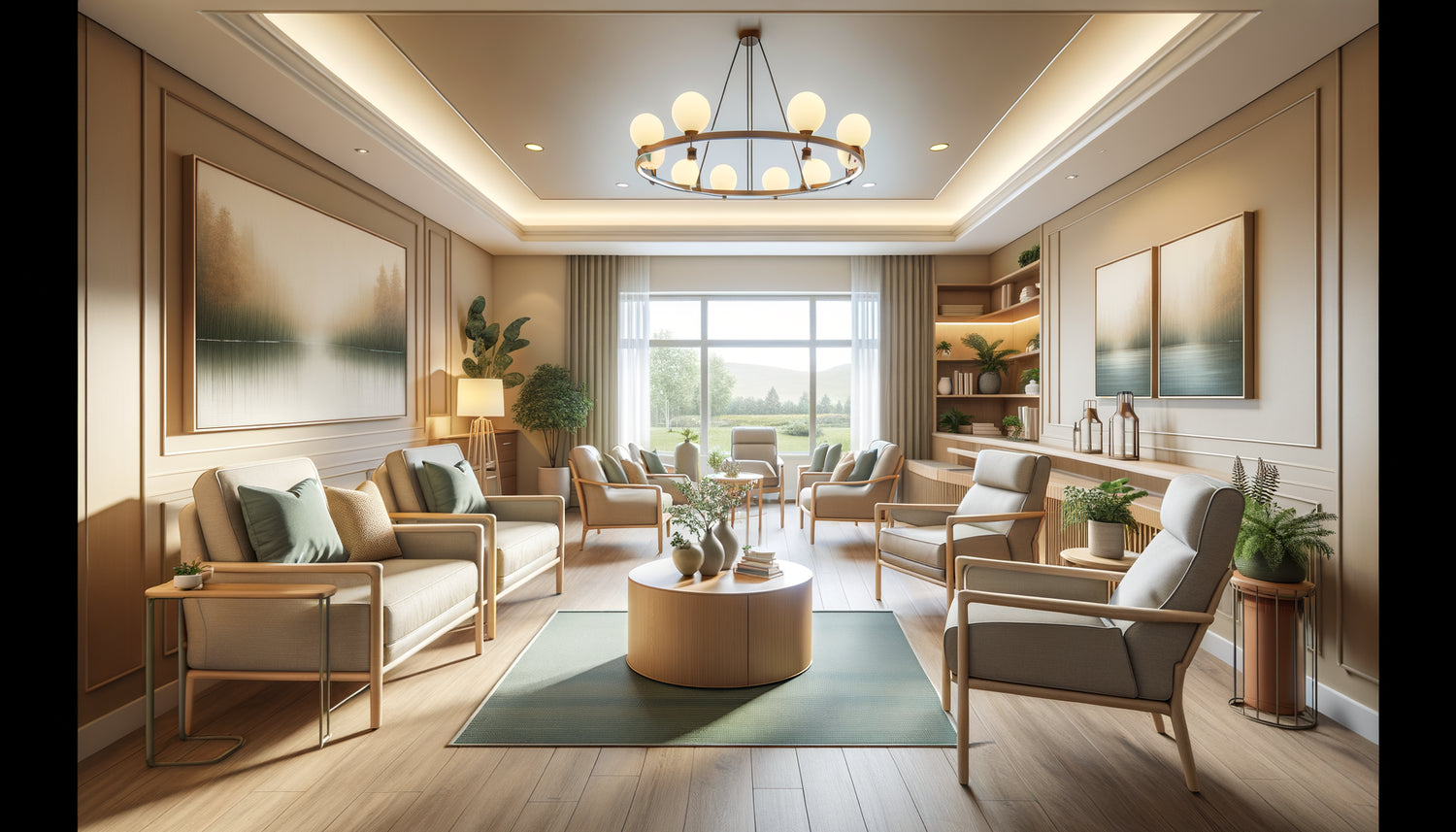 Salon commun moderne de résidence seniors avec mobilier adapté, éclairage doux et décoration murale thérapeutique aux tons chaleureux