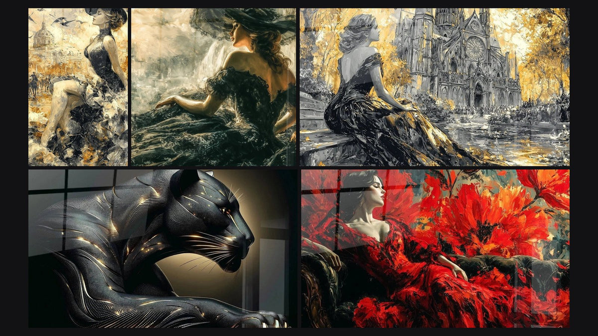 Mosaico de cinco cuadros, entre ellos Mujer elegante Refinamiento Negro y Misterioso Brillante del Depredador Negro