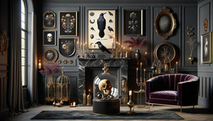 Intérieur sophistiqué inspiré de l'esthétique Halloween permanente avec crâne décoratif, corbeaux sous cloche et palette sombre élégante
