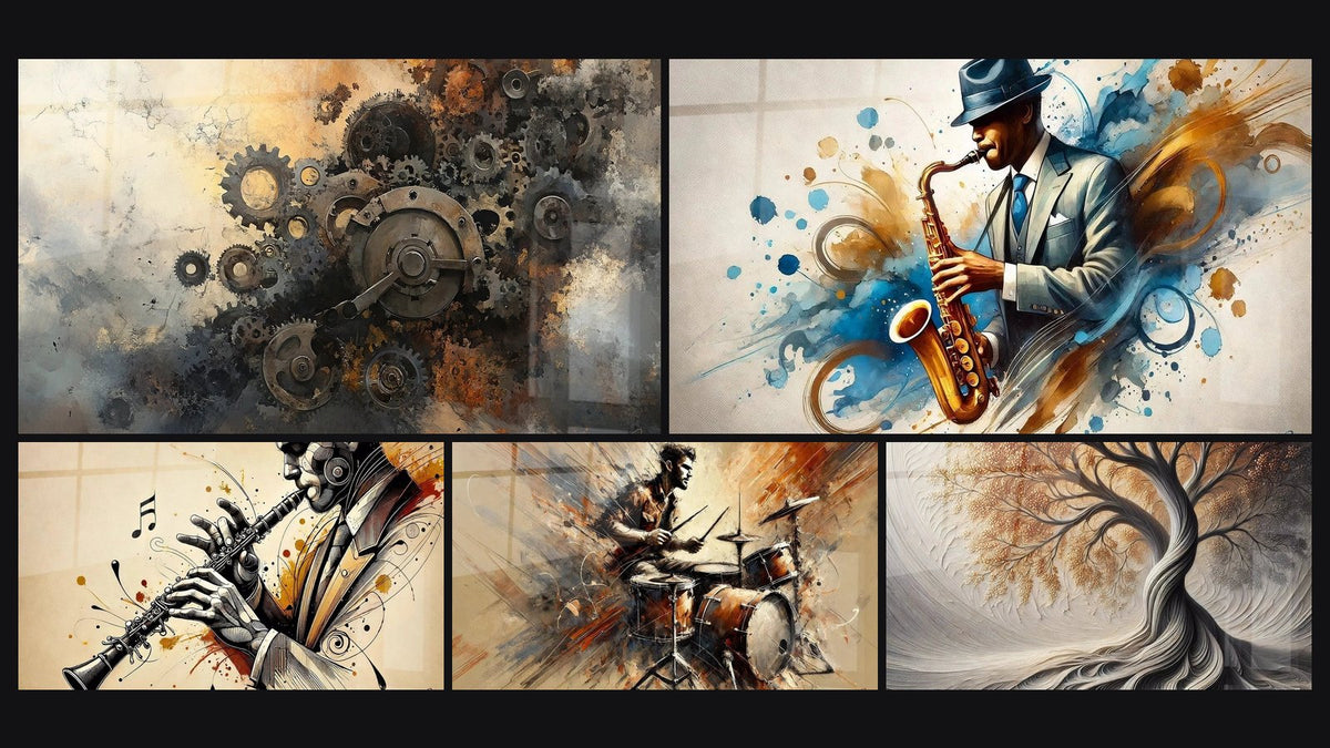 Mosaico de cinco cuadros, entre ellos Mecanismos oxidados, Clarinete N°1 y Batería N°2