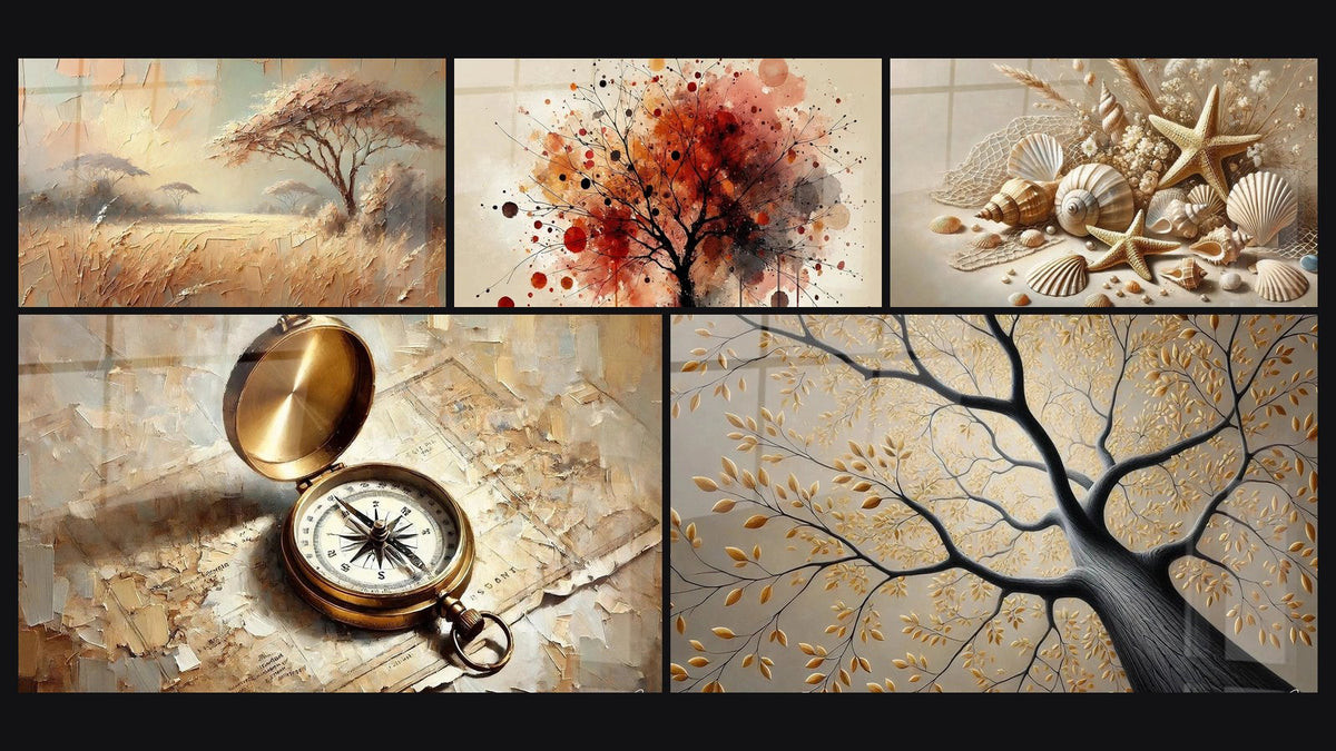 Mosaïque de cinq tableaux, dont Paysage d’Afrique, Force et Direction et Forêt Abstraite