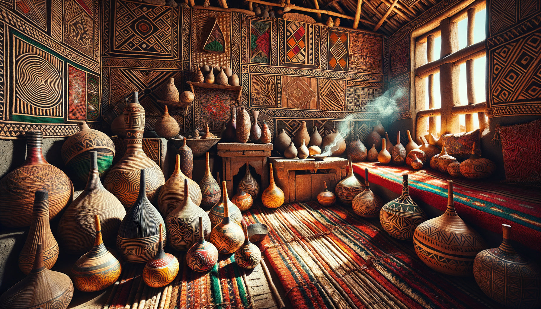 Intérieur traditionnel somali avec nattes géométriques tressées, calebasses gravées et textiles brodés colorés, artisanat authentique