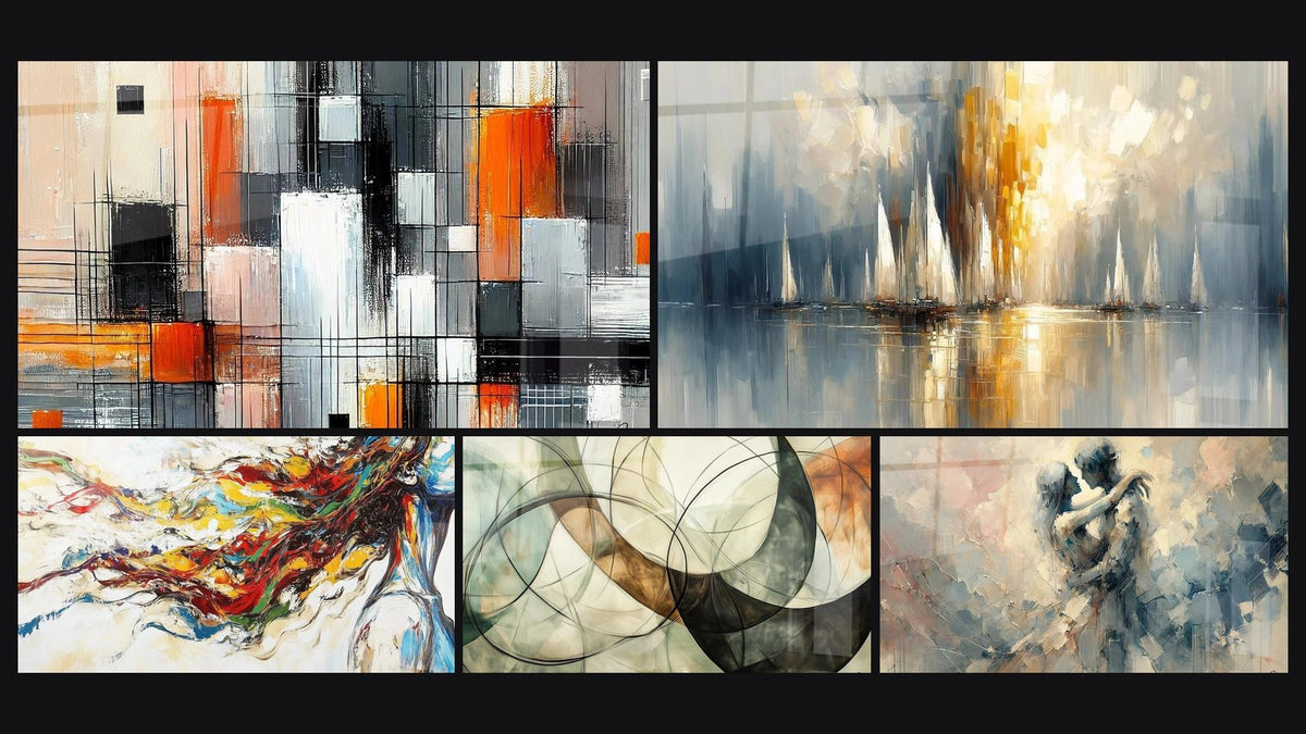 Mosaik aus fünf Gemälden, darunter Farbmechanik, Morgenrot über der Bucht und Tafel Muse Modern