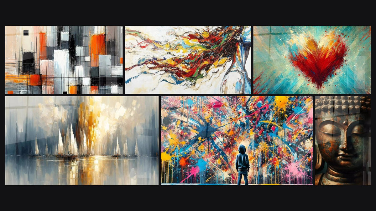 Mosaic of six paintings, including Mechanics of Colors, Dawn Over the Bay and Modern Muse