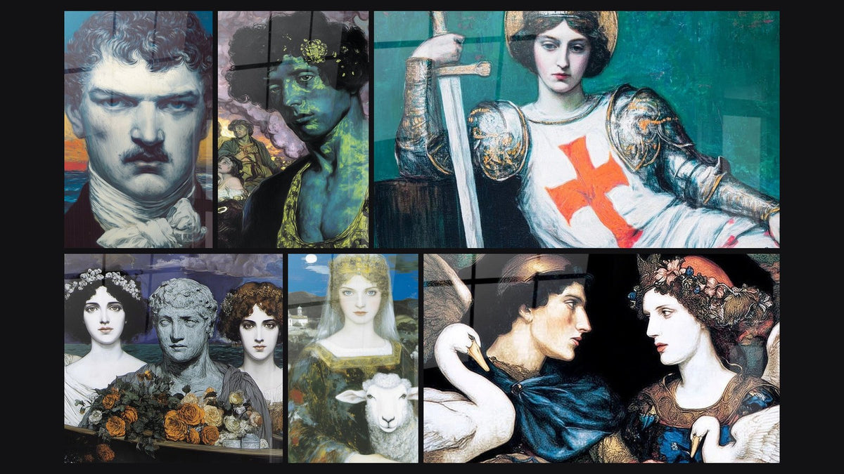 Mosaïque de six tableaux, dont Portrait Grandeur Intérieure, Portrait Cœur Émeraude et Figures Songe Marmoréen