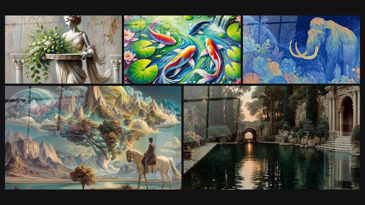 Mosaic of five paintings, including Vegetable Offering, Water Garden and Horseman Sky Garden