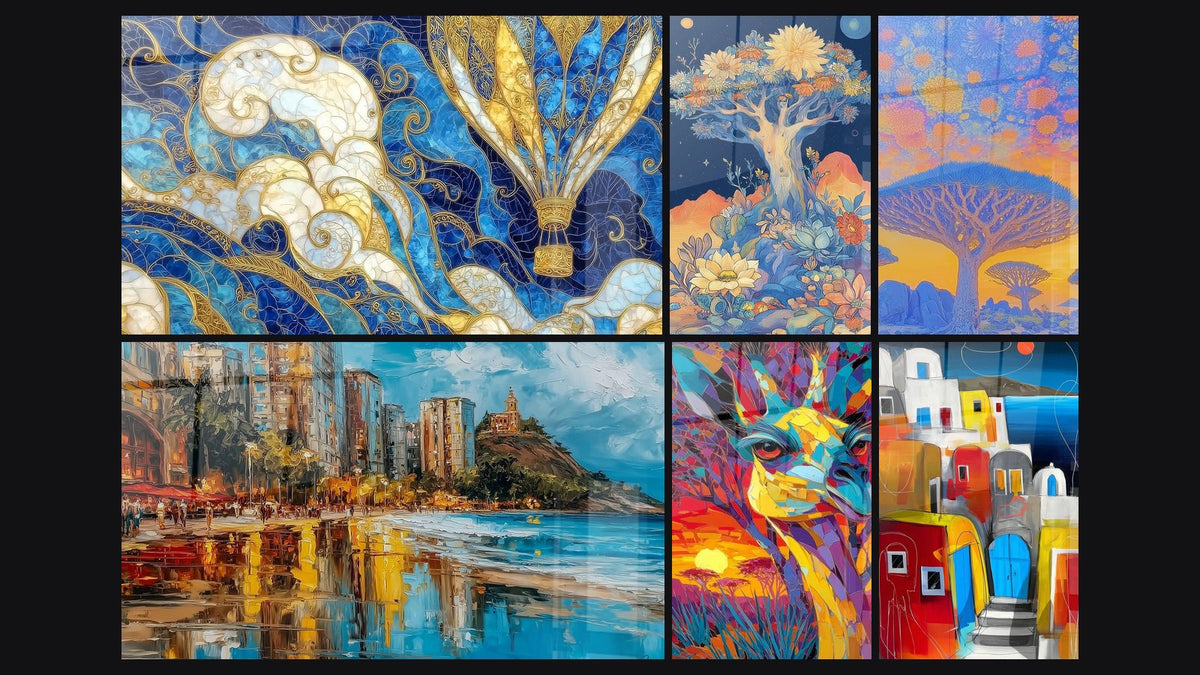 Mosaic of six paintings, including Golden Ornamental Hot Air Balloon and Nocturnal Flowering Tree