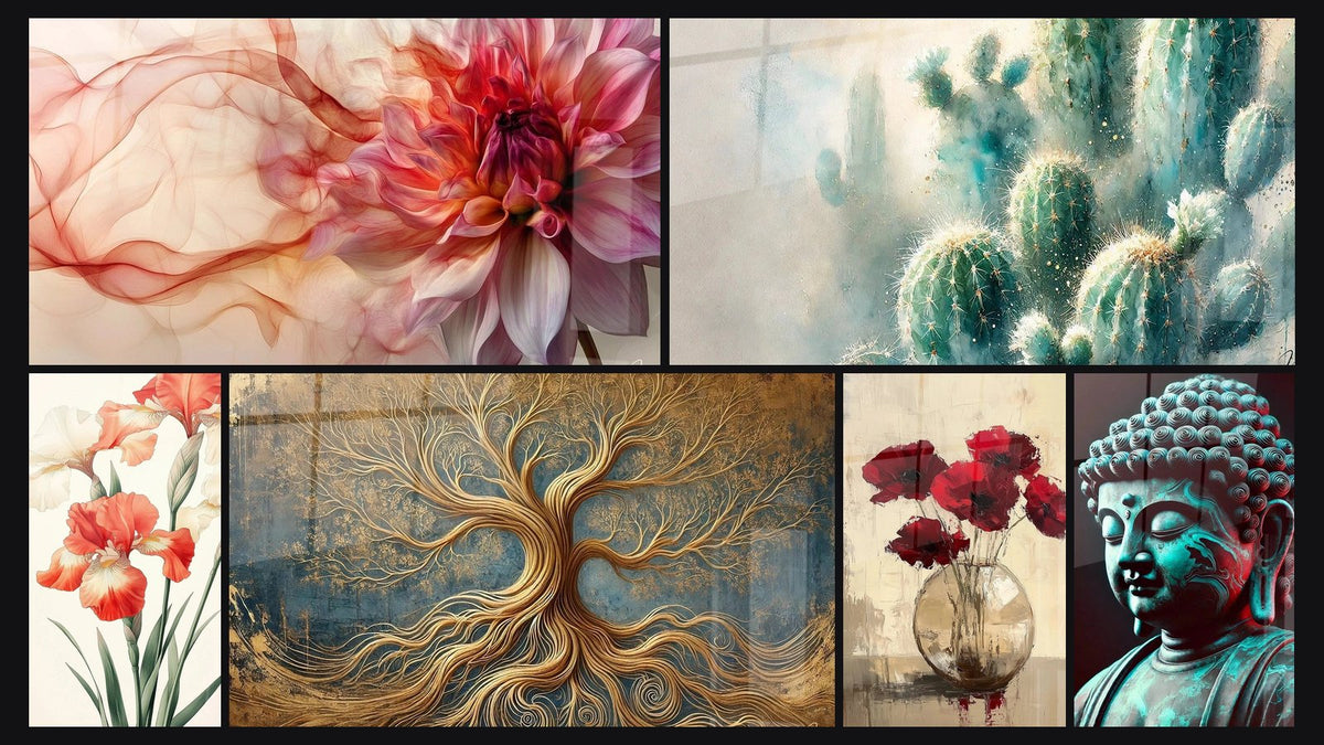 Mosaïque de six tableaux, dont Dahlia N°6, Canna N°2 et Arbre de la Vie Éternelle