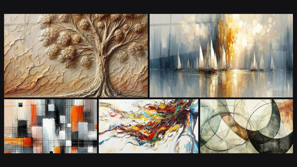 Mosaik aus fünf Gemälden, darunter Alter Baum, Farbmechanik und Morgenrot über der Bucht