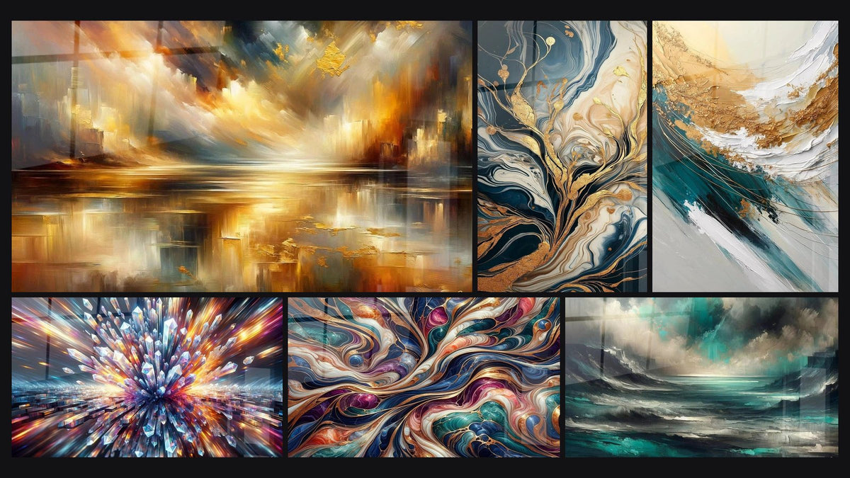 Mosaïque de six tableaux, dont Cité des Reflets Dorés, Éclat Cristallin et Arbres d'Or Fluides