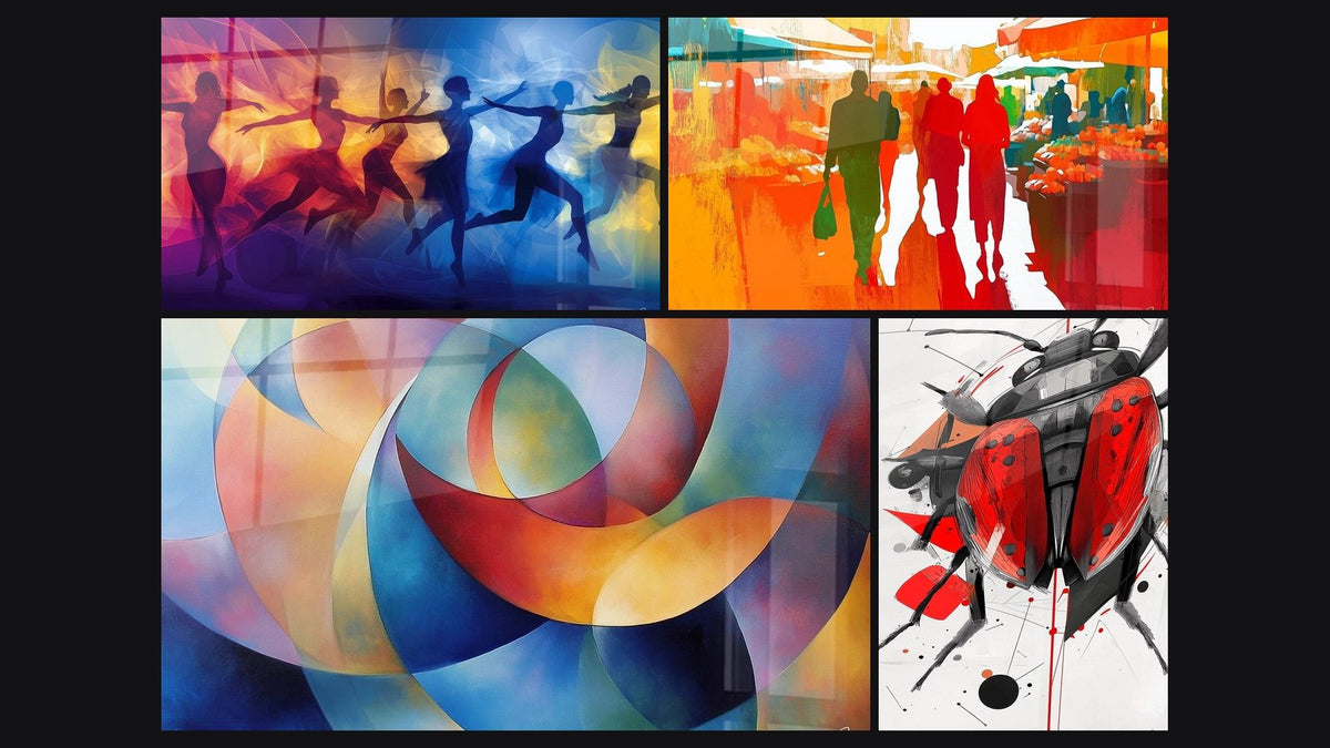 Mozaika czterech obrazów, w tym Inspirowany Bal Bullier Sonii Delaunay N°1 i Inspirowany biedronką Sonii Delaunay N°1