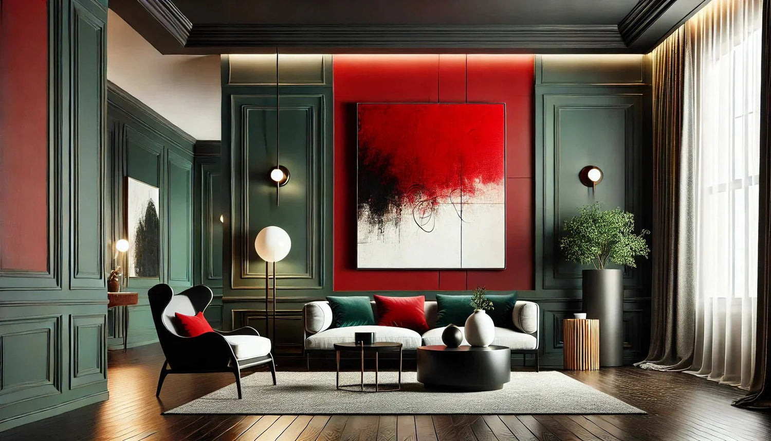 Tableau abstrait rouge accroché sur un mur d’accent, entouré de couleurs harmonieuses comme le noir, le blanc et le vert, créant une ambiance élégante et contemporaine.