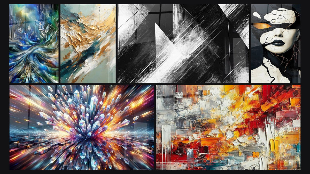 Mosaïque de six tableaux, dont Racines Numériques de la Création, Éclat Cristallin et Flux et Reflux Doré