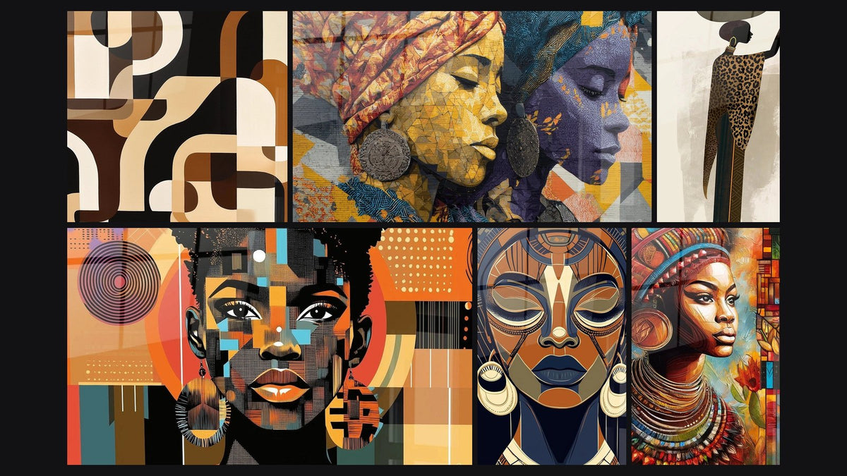 Mosaïque de six tableaux, dont Abstrait Africain Échos du sahel, Africain Reflets cubiques et Deux femmes africaines profil